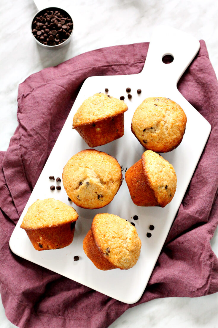 Buttermilk Chocolate Chip Muffins on a white platter.